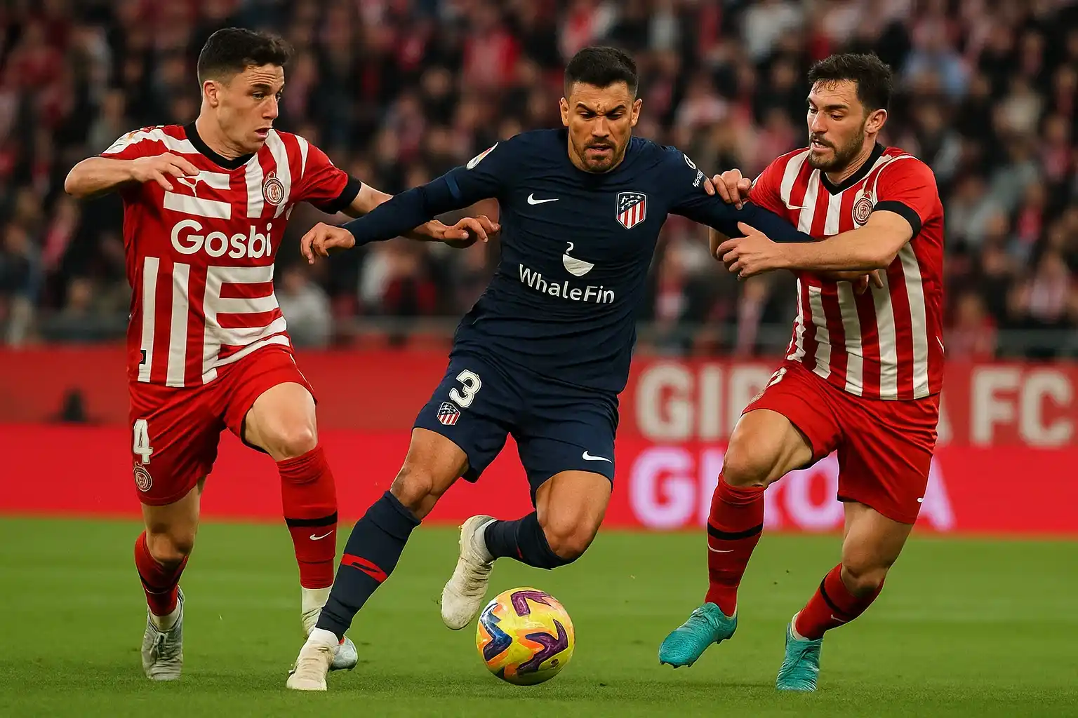 Pha tranh chấp quyết liệt trong trận Girona vs Atletico Madrid.